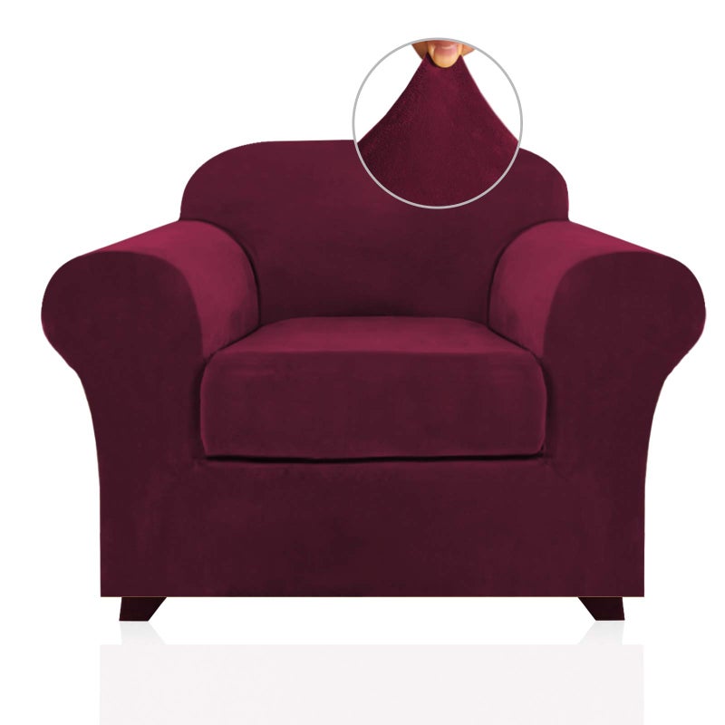 PrinceDeco Velvet Plush Couch Cover Stretch 2 Piece Chair Cover Chair Slipcover Washable Furniture Protector Couch Soft with Elastic Bottom Armchair Cover Width Up to 49 Inch(Small, Burgundy) - Image 1